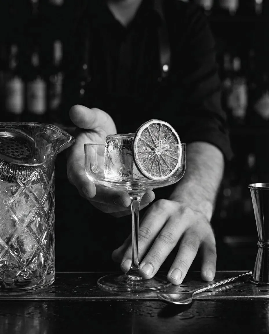 The Stillroom bartender presents a glass with ice and dehydrated citrus, in black and white