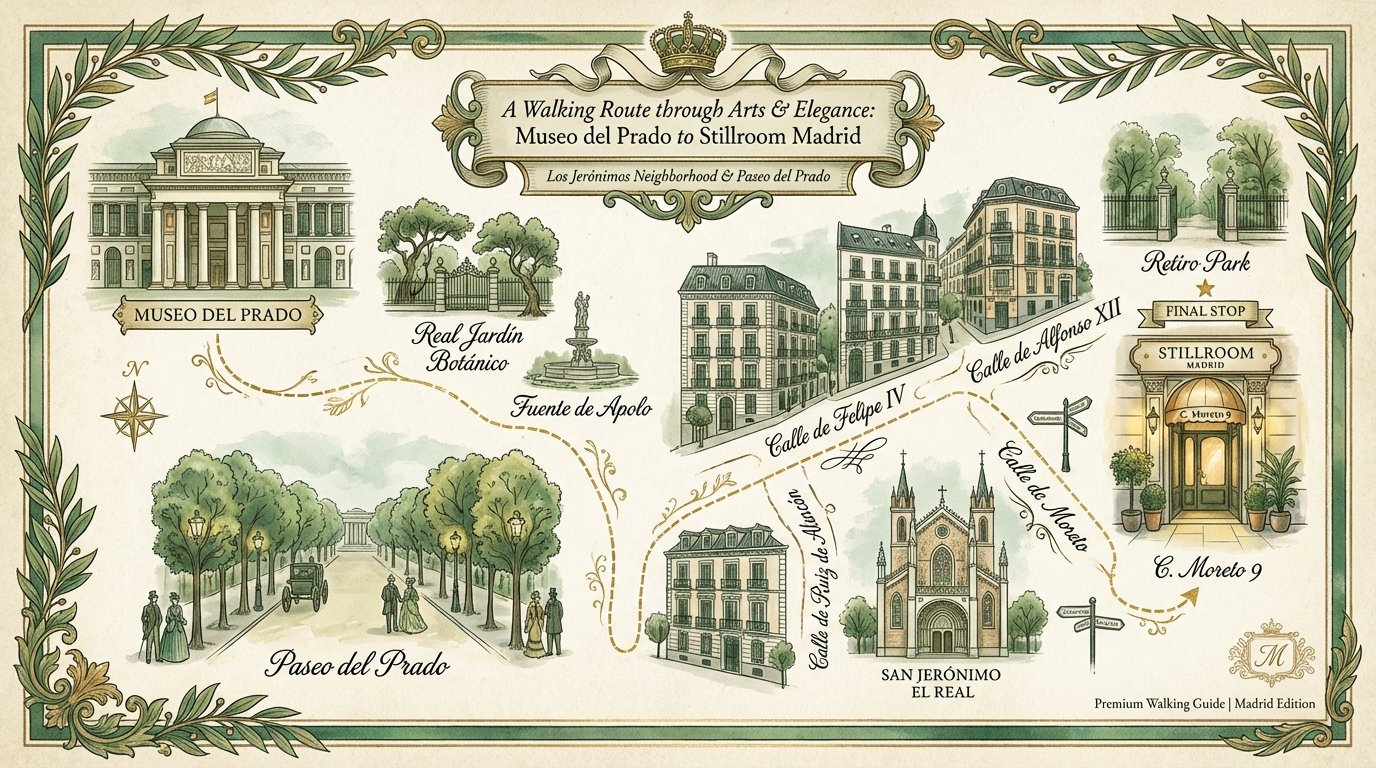 Mapa ilustrado de la ruta a pie desde Museo del Prado hasta Stillroom Madrid