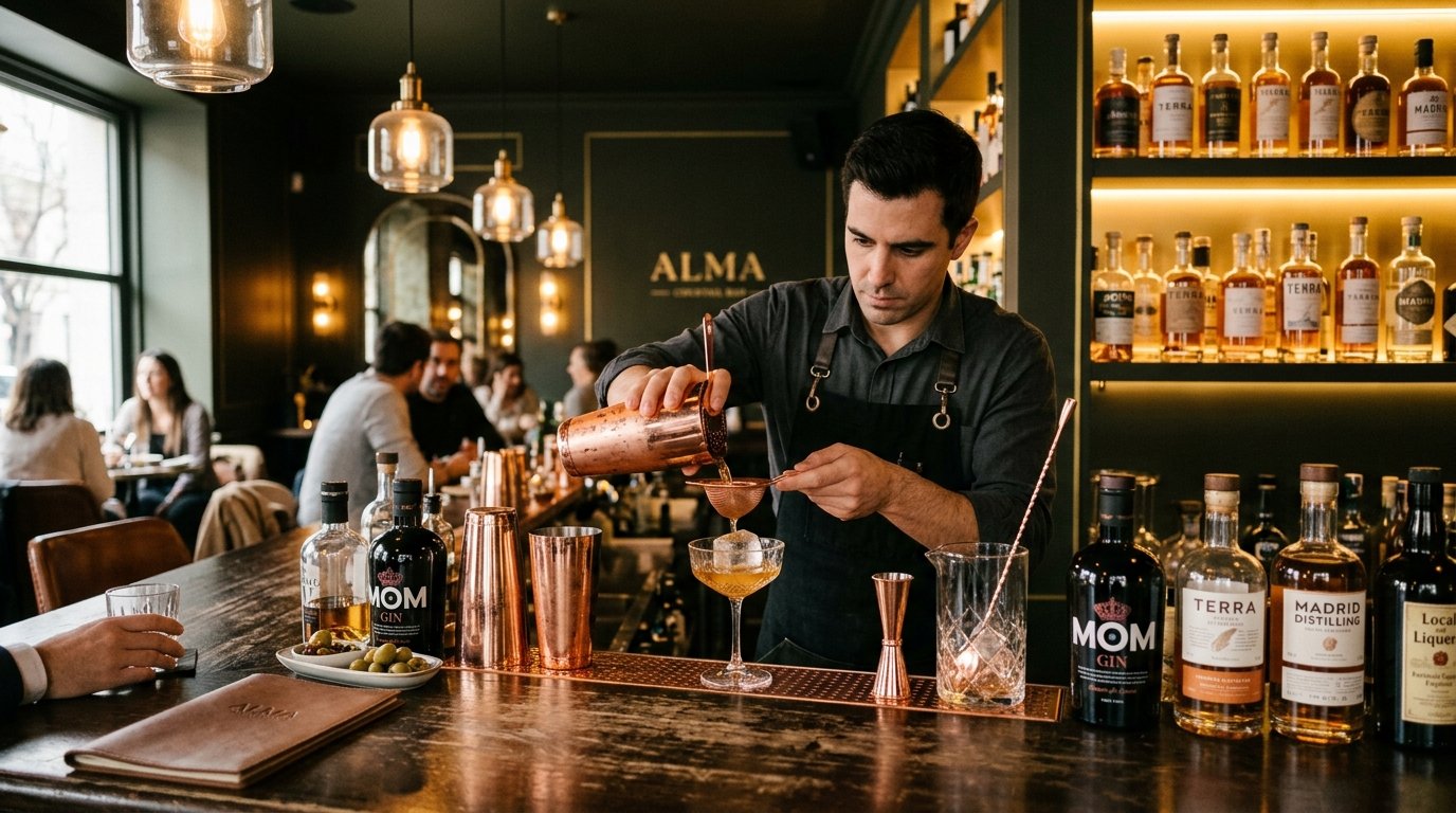 Bartender preparando un coctel de autor en la barra de una cocteleria elegante en Madrid