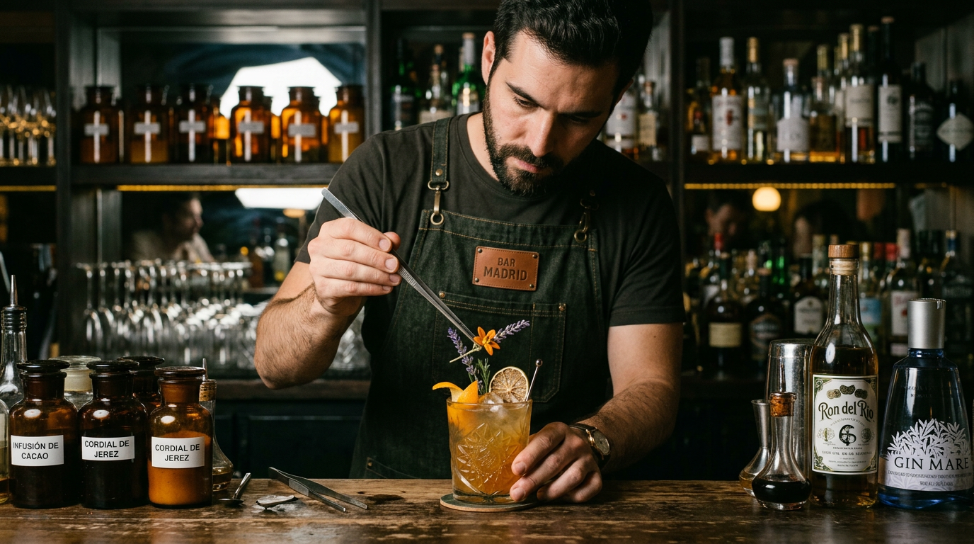 Bartender preparando cóctel de autor en Stillroom Madrid