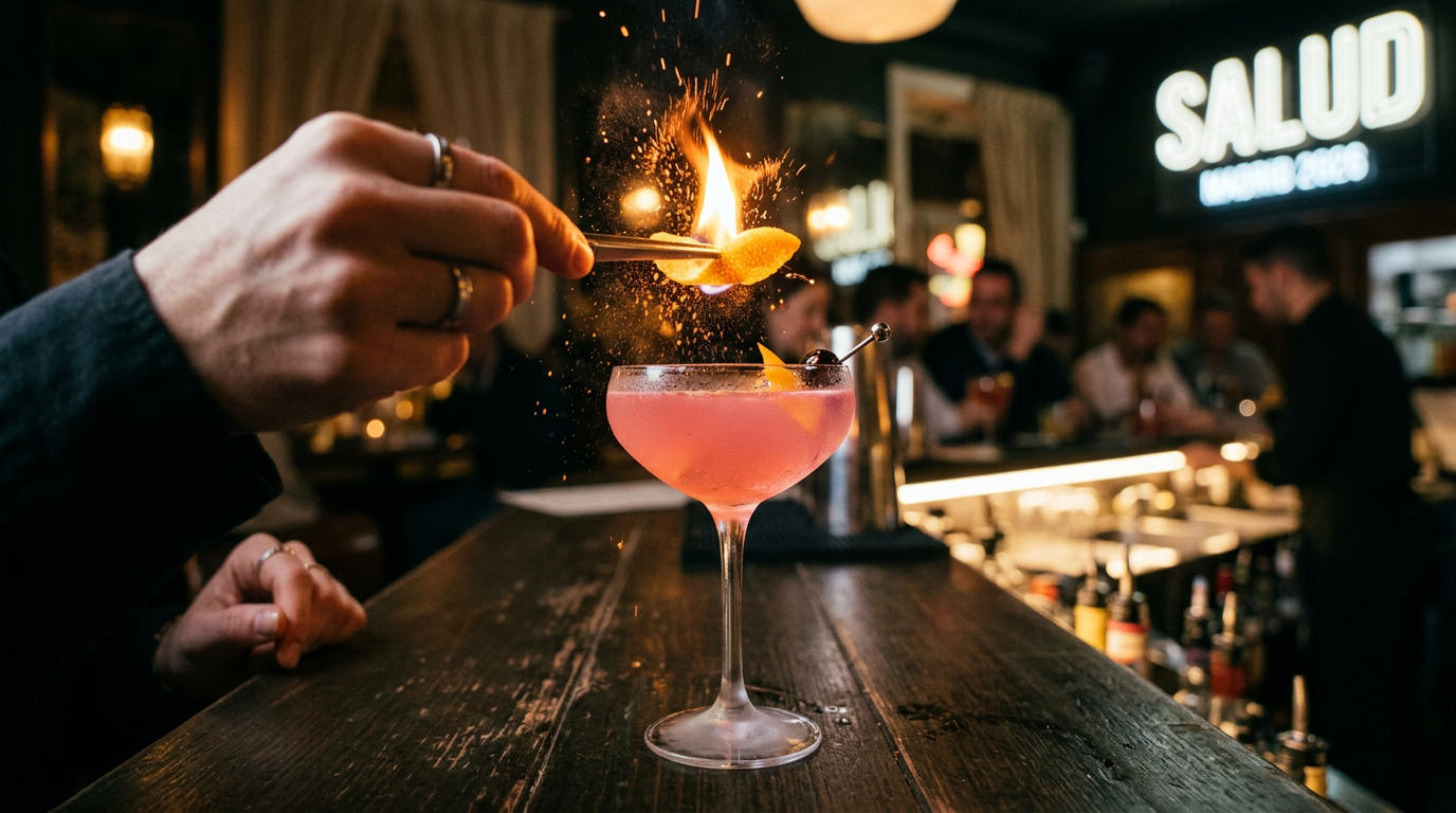 Detalle de cosmopolitan con piel de naranja flameada como garnish