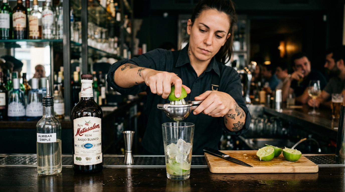 Exprimiendo limas frescas para daiquiri clásico con técnica profesional