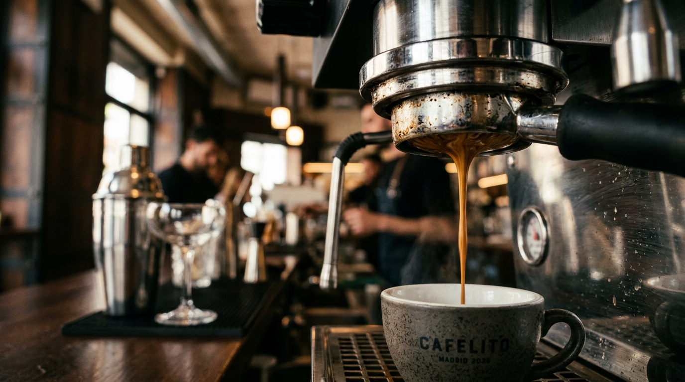 Espresso recién extraído para espresso martini en coctelería profesional