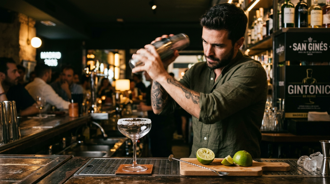 Bartender agitando coctelera para preparar una margarita