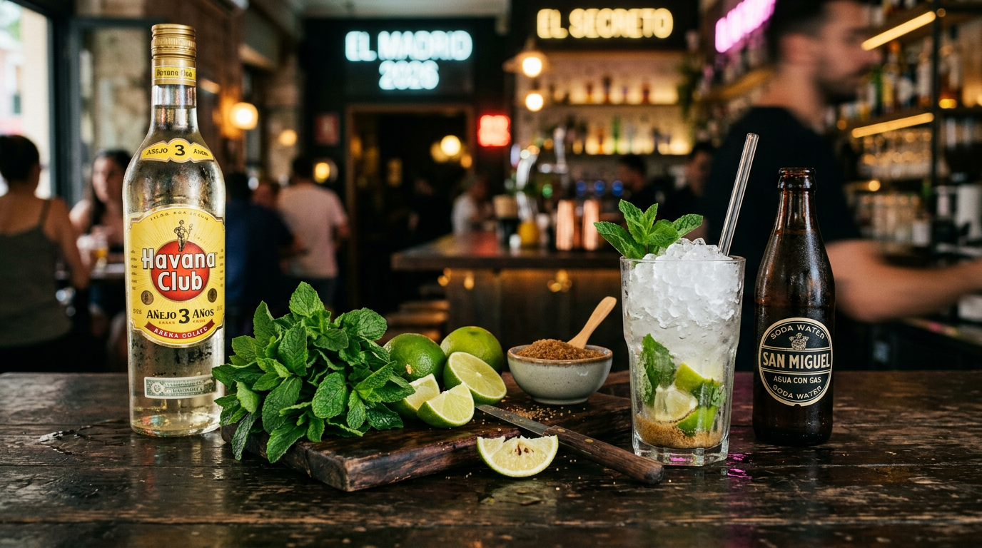 Ingredientes frescos para mojito: ron blanco, menta, lima y azúcar