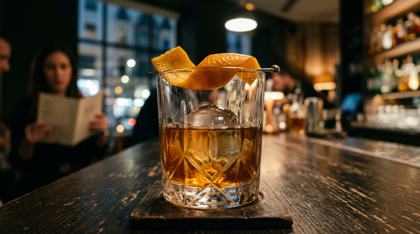 Detalle de old fashioned con bourbon ámbar sobre hielo y twist de naranja