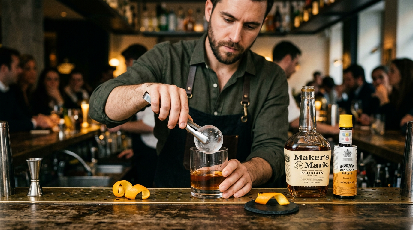 Bartender colocando esfera de hielo cristalino para old fashioned