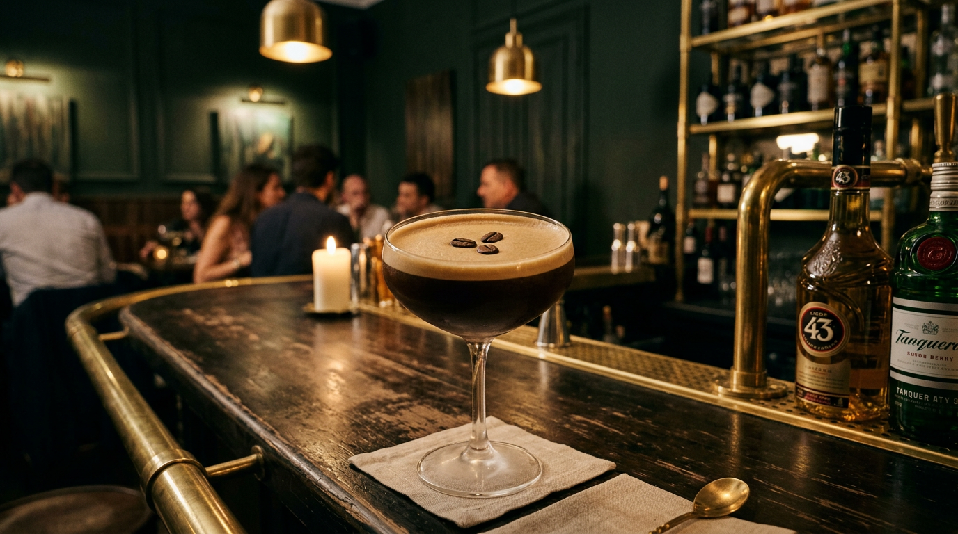 Espresso martini con crema de café perfecta en copa coupe en bar de autor Madrid