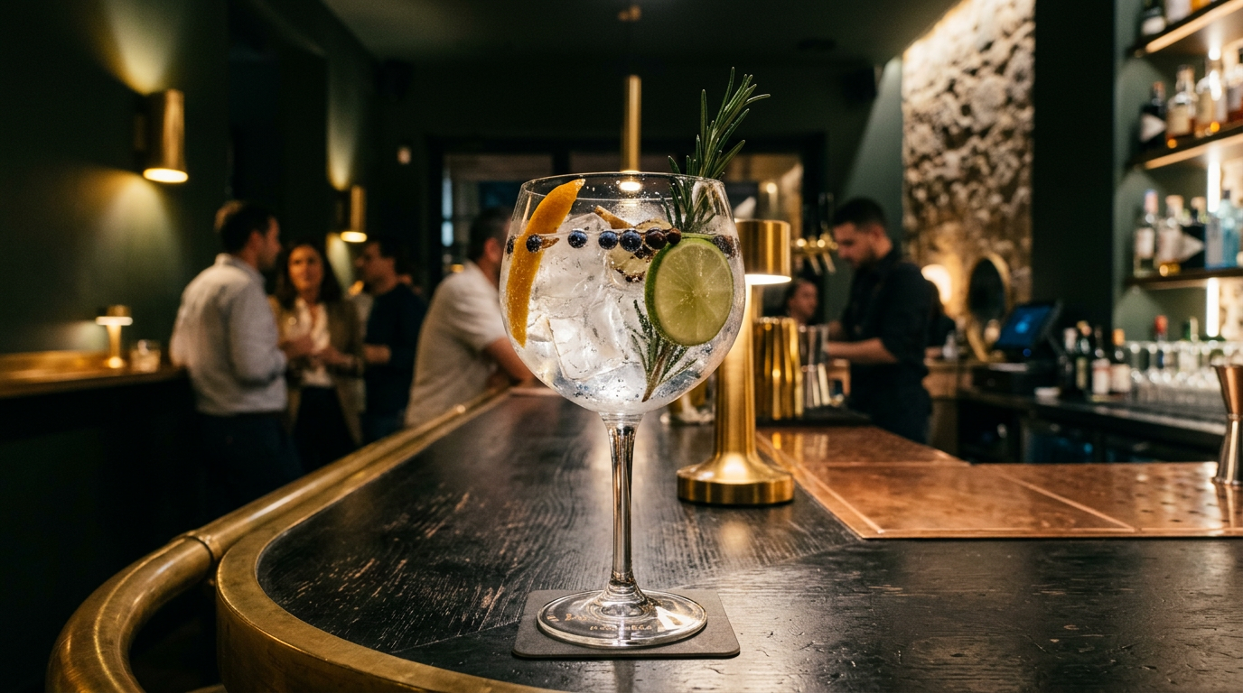 Gin tonic perfecto en copa balón con botánicos y hielo en bar de coctelería Madrid