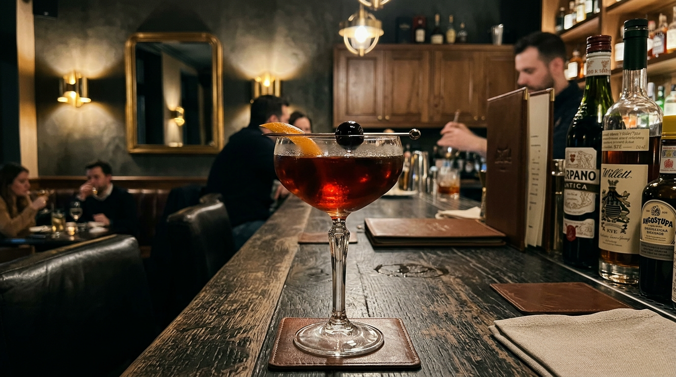 Manhattan clásico en copa coupe con cereza al marrasquino en bar sofisticado Madrid