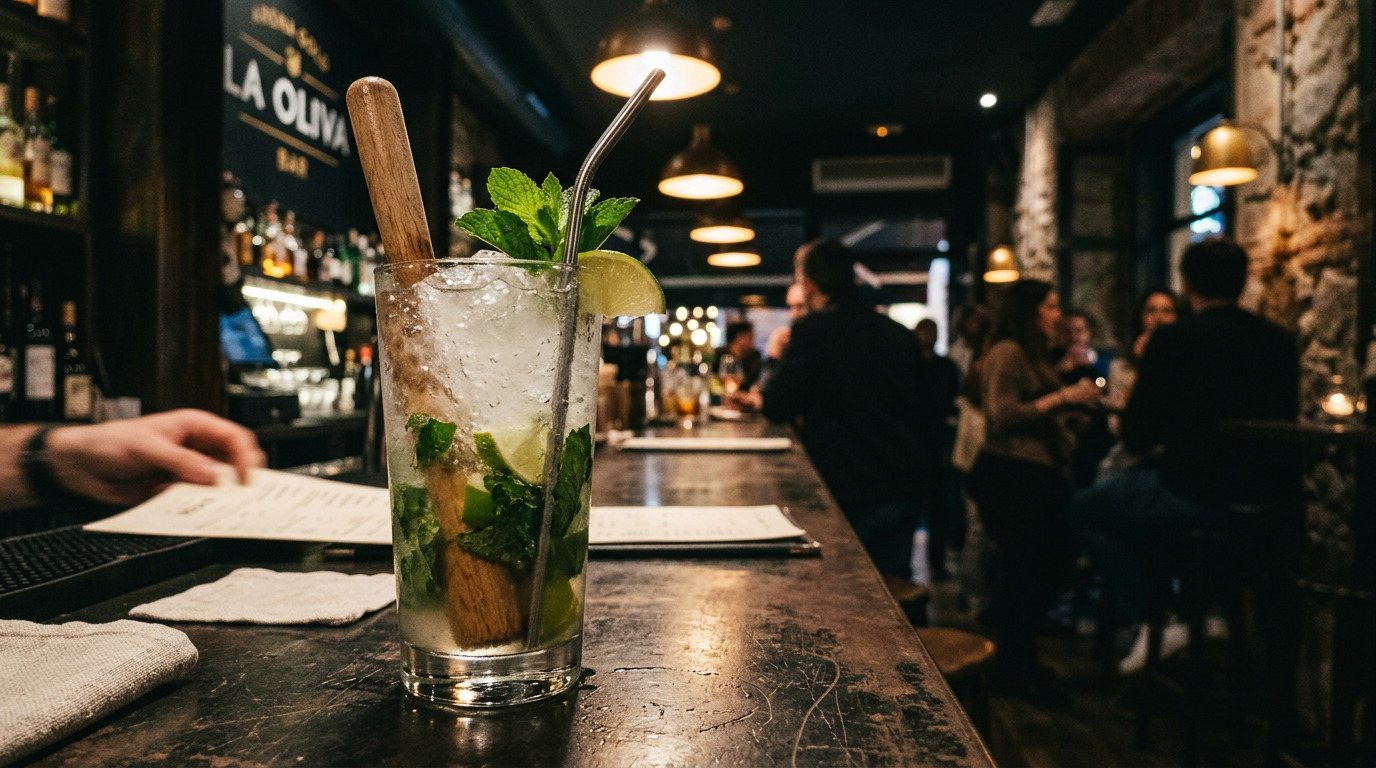 Mojito fresco con hierbabuena y lima en vaso highball en coctelería premium Madrid