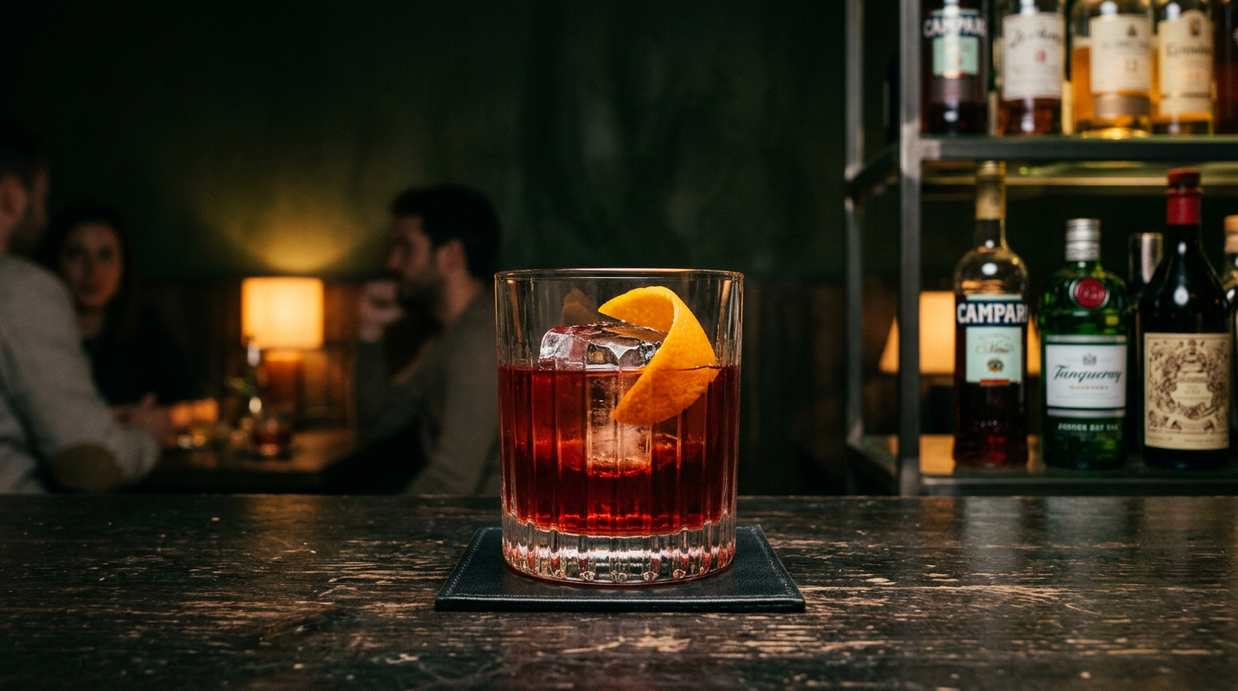 Negroni clásico con hielo grande y twist de naranja en coctelería premium Madrid