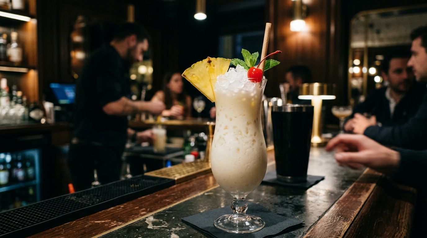 Piña colada cremosa con piña y cereza en copa hurricane en coctelería Madrid