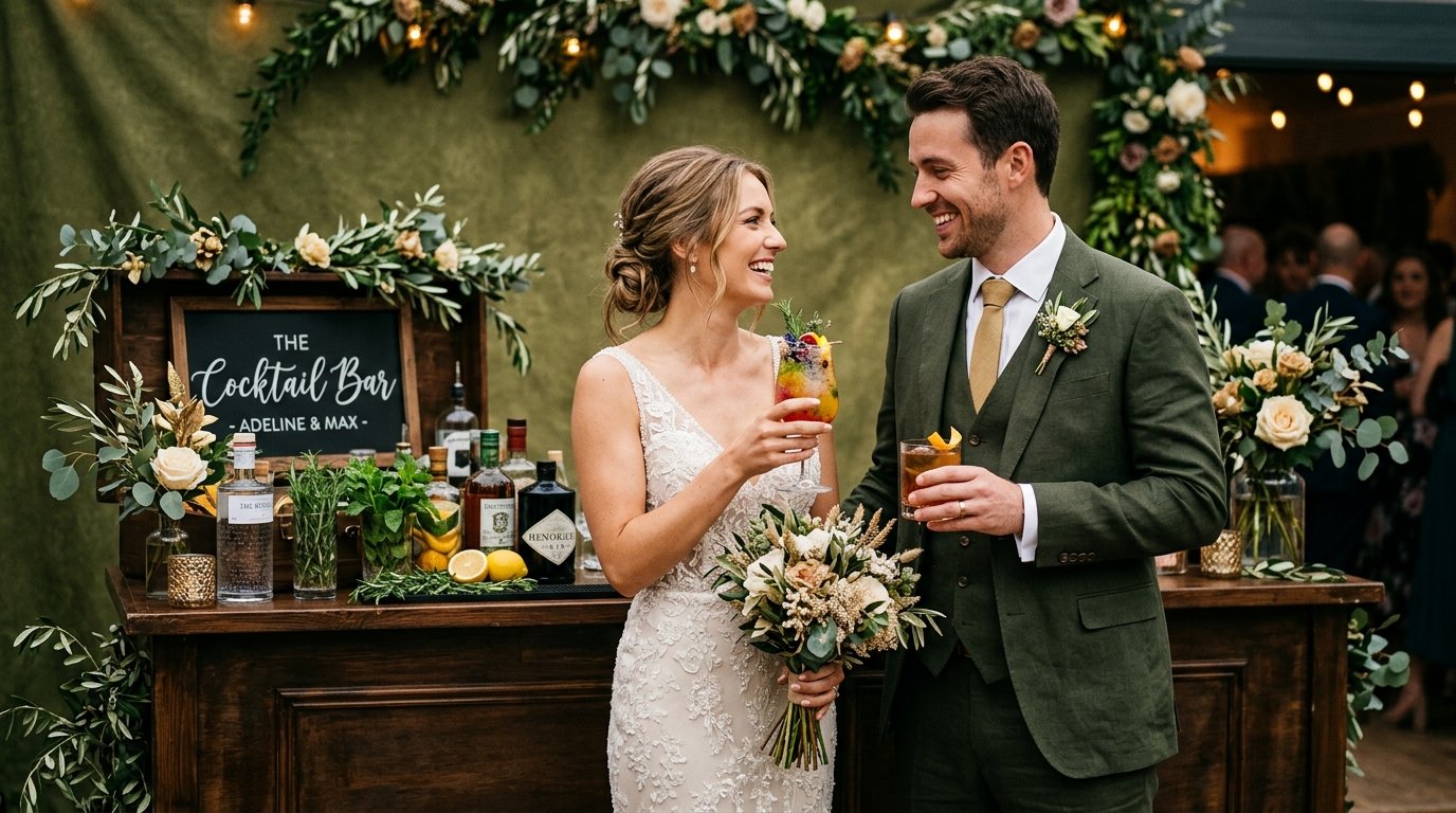 Novios brindando con cócteles de autor en barra portátil durante su boda en Madrid