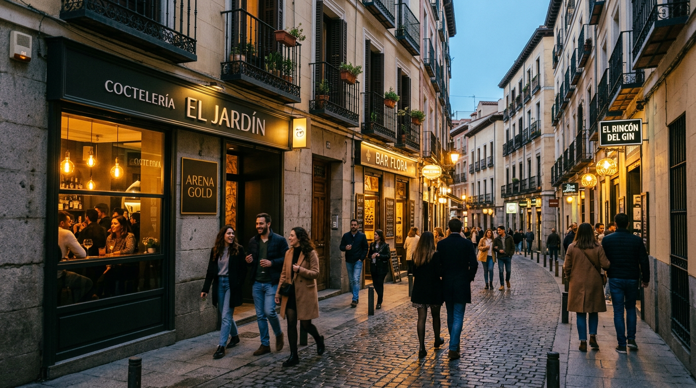 Escena nocturna de coctelería en Madrid