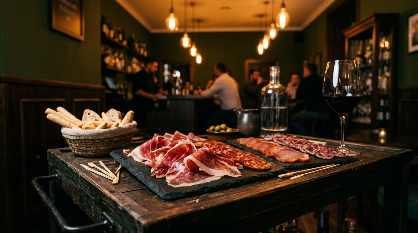 Carrito de embutidos ibéricos Stillroom con jamón, lomo y chorizo para catering