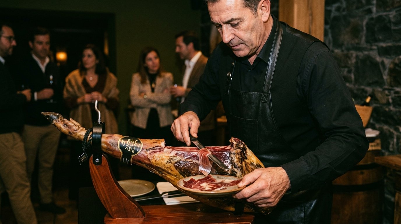 Maestro cortador de jamón ibérico cortando pieza entera en evento privado