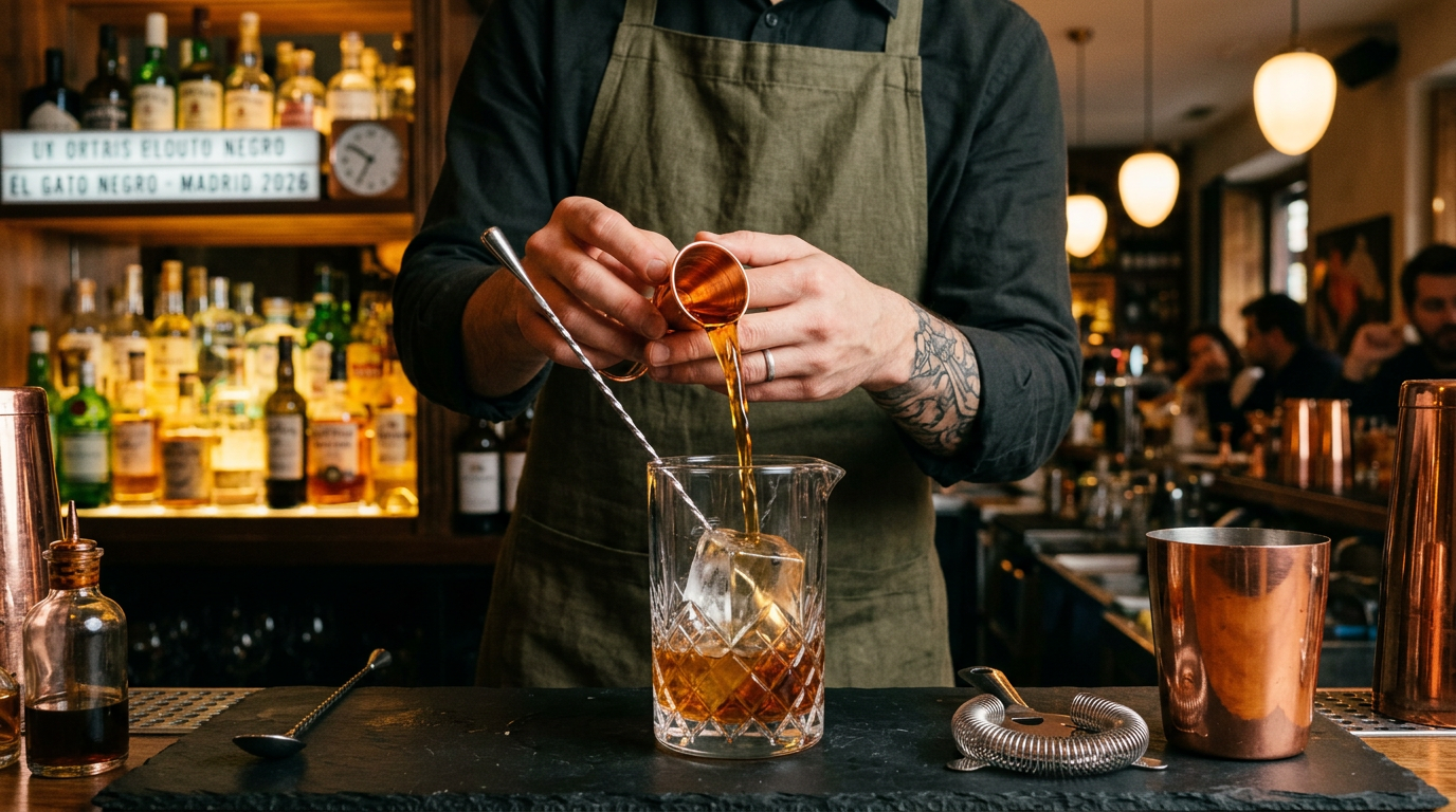 Bartender preparando cóctel de autor con técnica de precisión en Stillroom Madrid