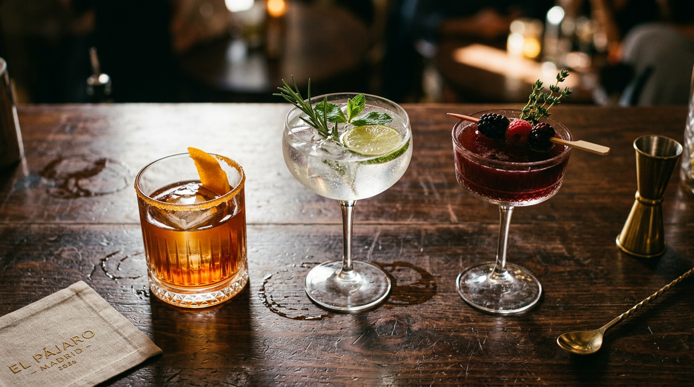 Tres cócteles de autor con distintos estilos en barra de coctelería Madrid