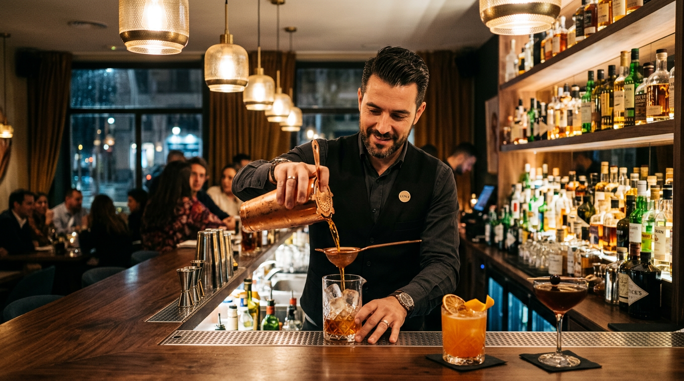 Bartender preparando cócteles de autor en la barra de Stillroom Madrid