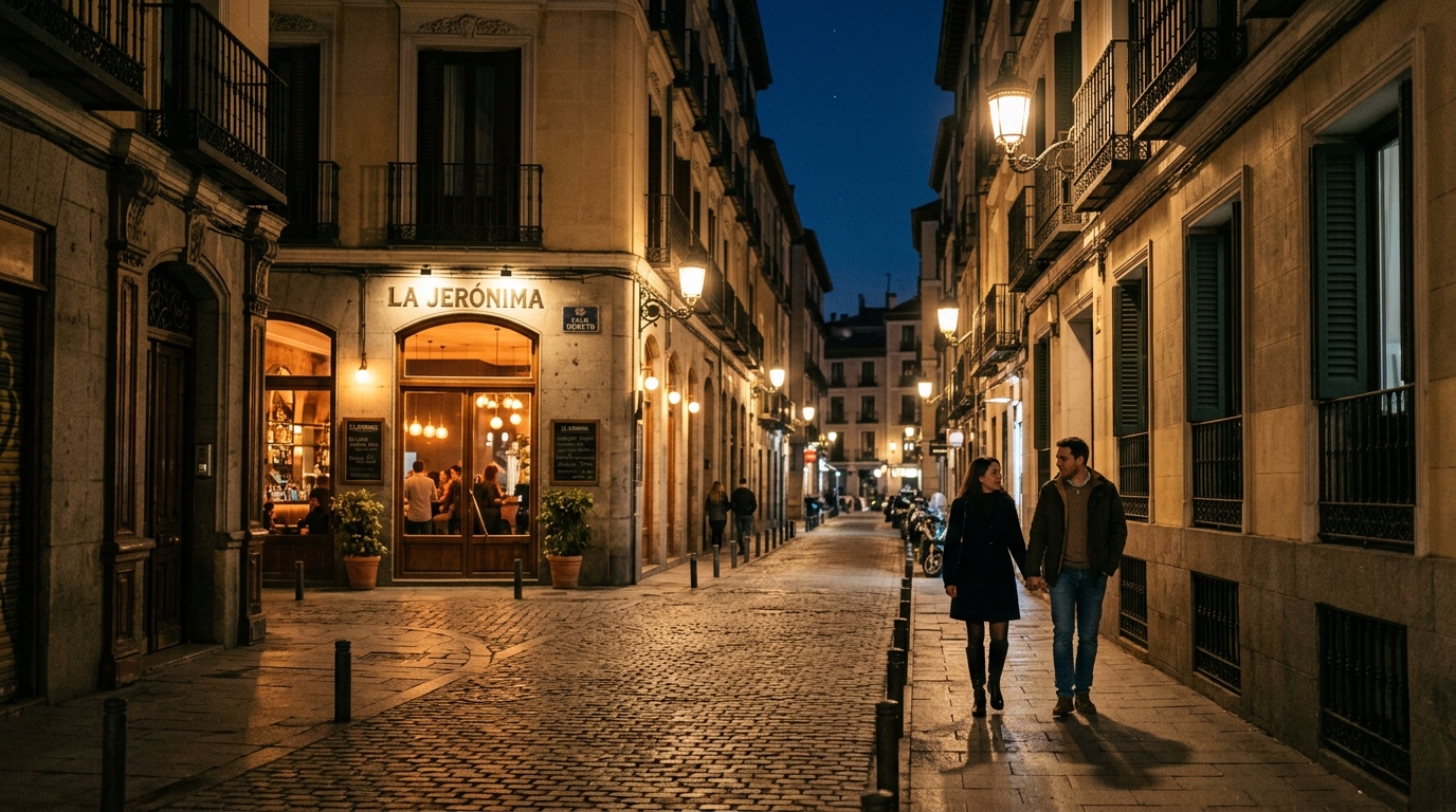 Calle del barrio Jerónimos Madrid de noche con iluminación cálida