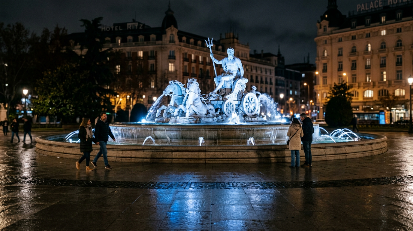 Fuente de Neptuno en el Paseo del Prado Madrid iluminada de noche