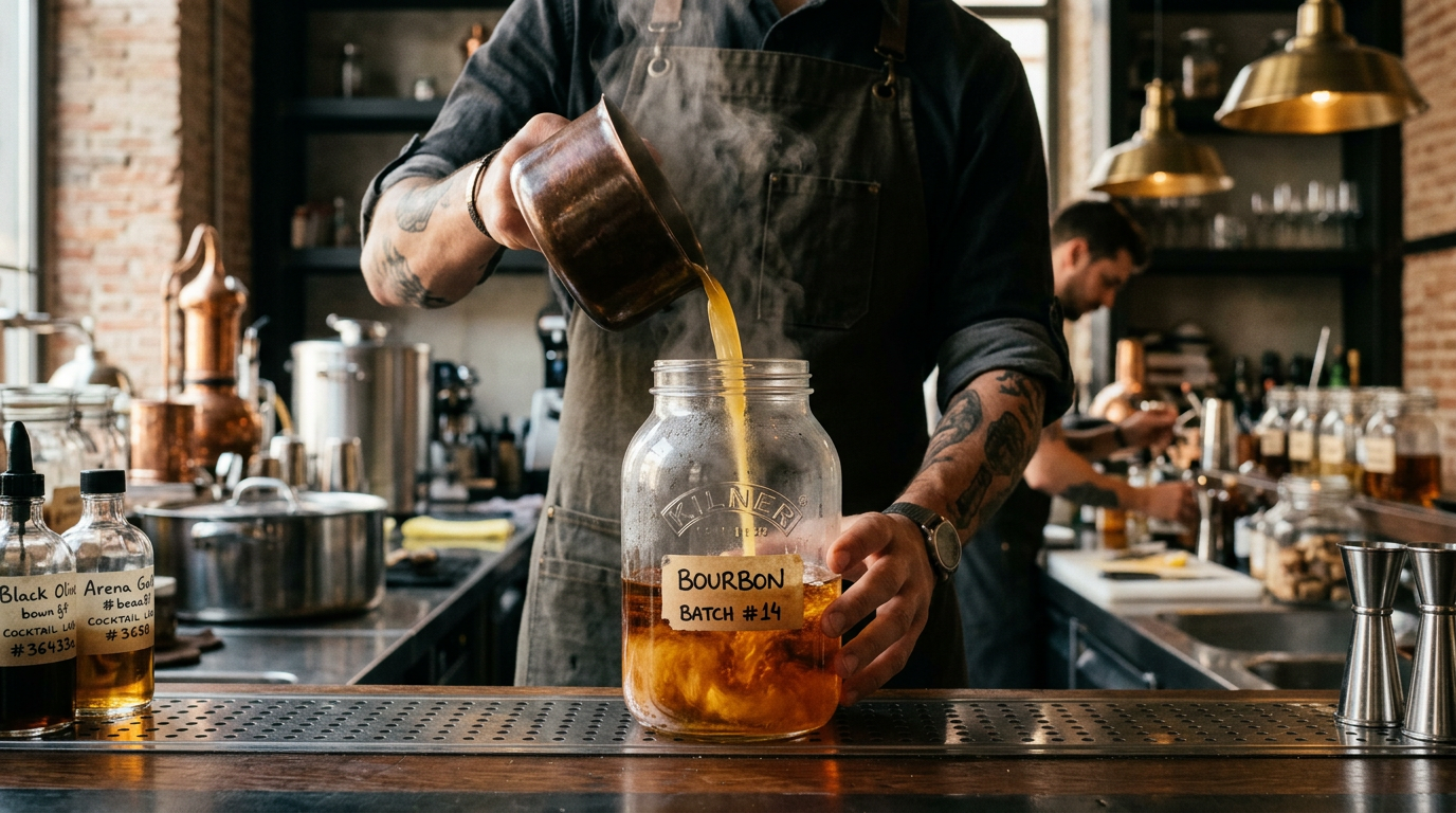 Técnica de fat washing con bourbon y mantequilla en coctelería de autor