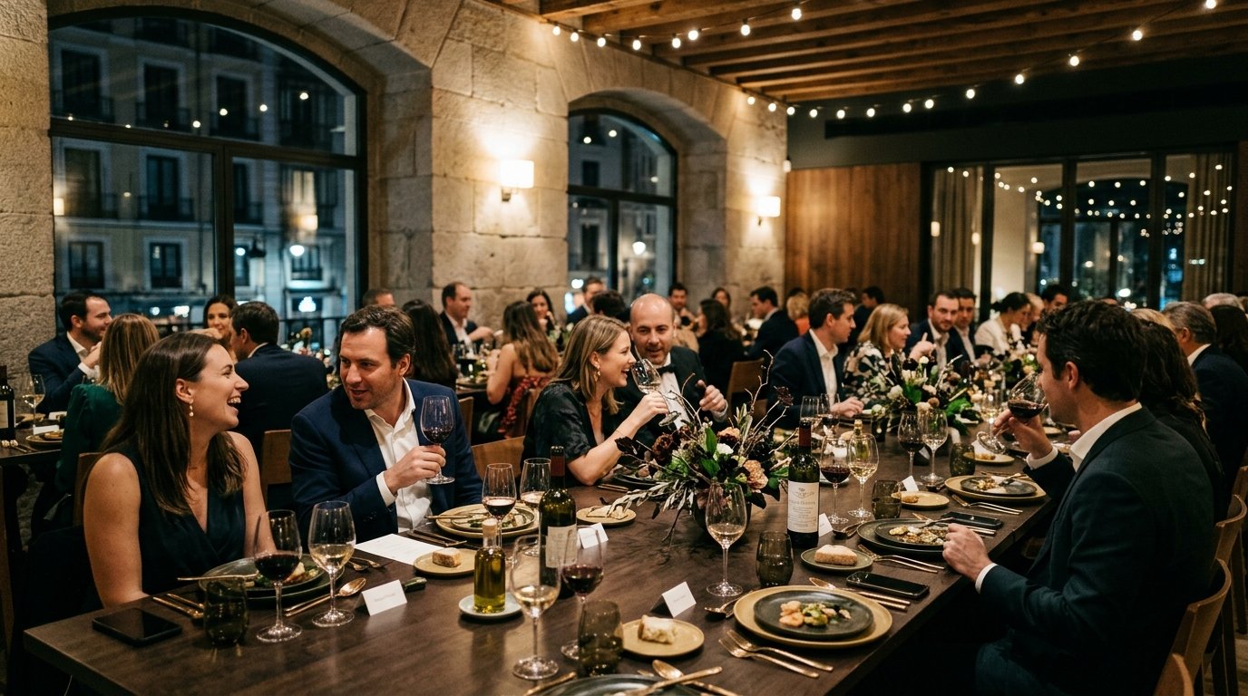 Cena formal de catering tradicional con servicio sentado en evento Madrid