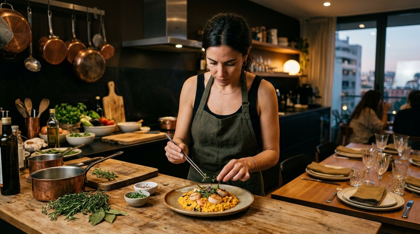 Chef privado preparando plato gourmet para cena exclusiva a domicilio en Madrid