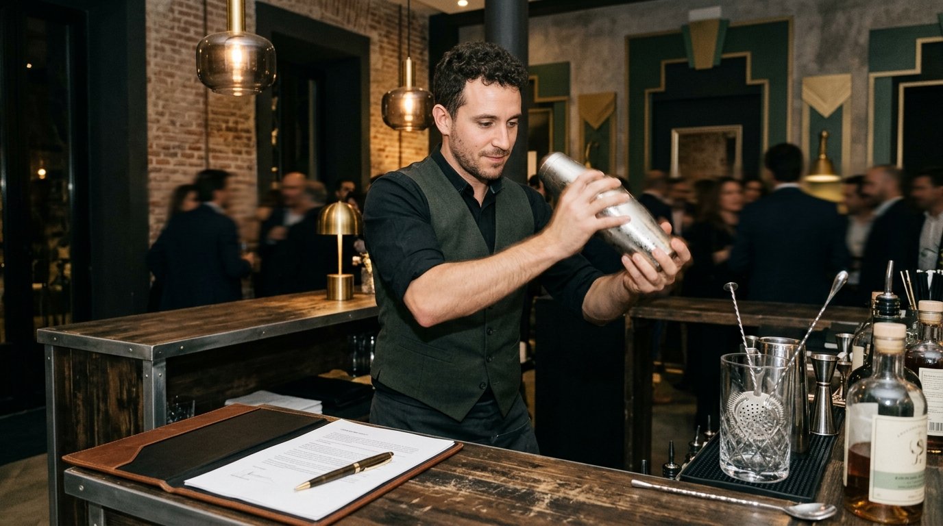Bartender profesional en barra portátil preparando cócteles para evento