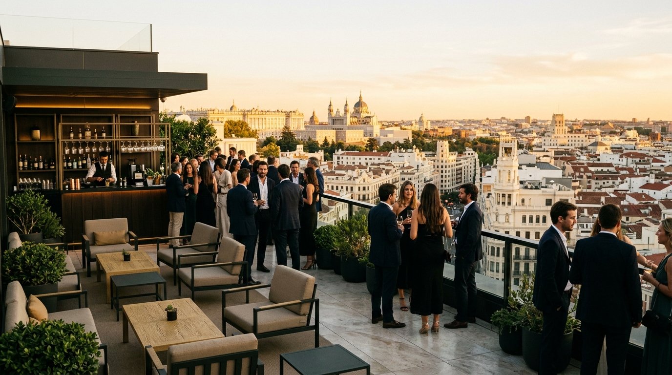 Terraza rooftop en Madrid preparada para evento privado con barra de cócteles