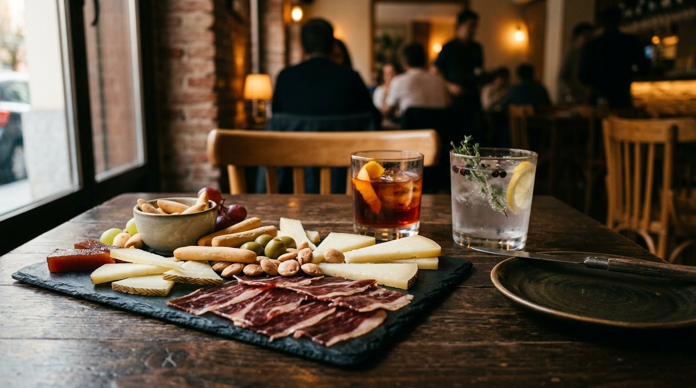 Tabla de ibéricos y quesos artesanos con cócteles de autor para maridaje