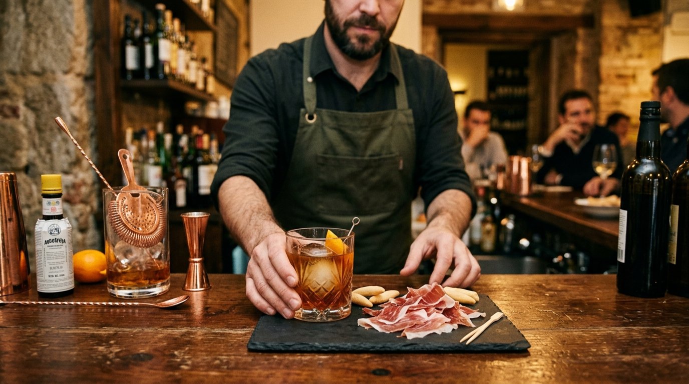 Old Fashioned artesanal junto a jamón ibérico de bellota en experiencia de maridaje