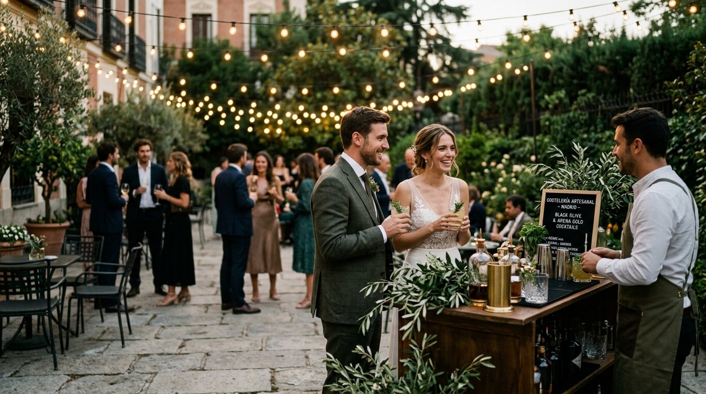 Recepción de boda moderna con barra de coctelería de autor en Madrid