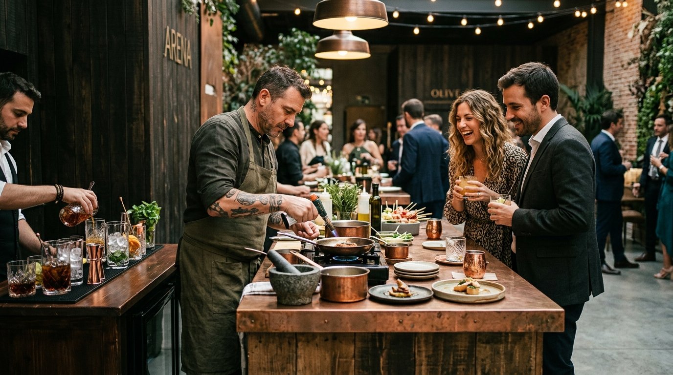 Estación gastronómica interactiva en boda con coctelería artesanal