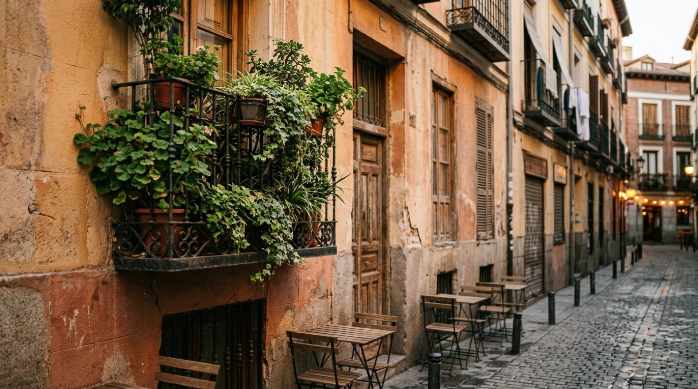 Calle estrecha del barrio de Lavapiés en Madrid al atardecer: fachadas castizas, balcones de hierro con plantas y terrazas
