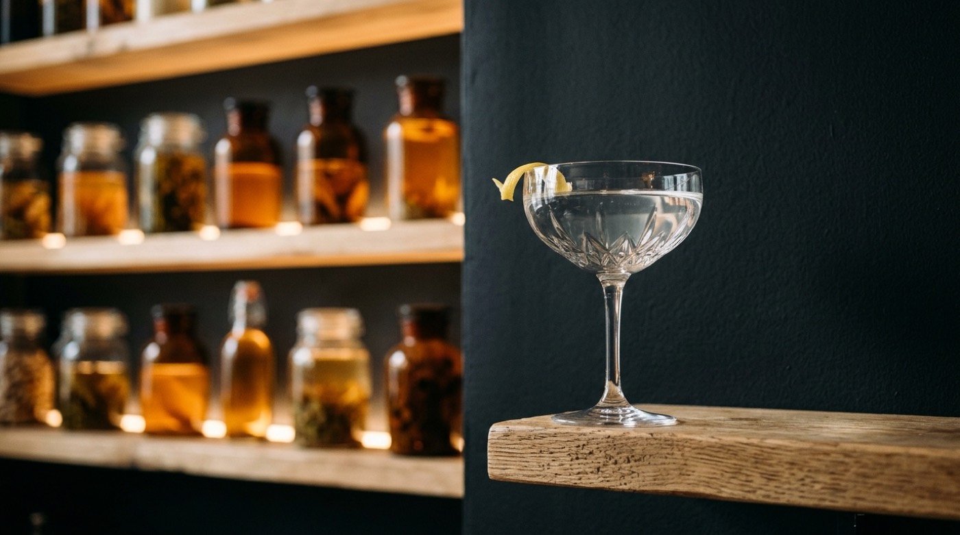 Cóctel clarificado con agar, líquido completamente transparente, servido en copa de cristal en STILLROOM, coctelería de autor en Madrid