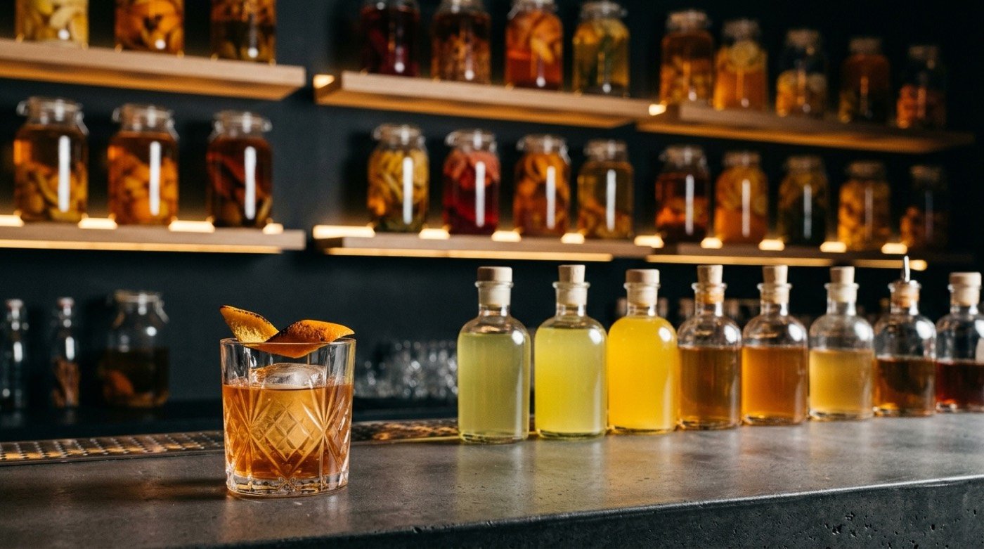 Botellas de distintos cordiales cítricos caseros alineadas en la barra de microcemento de STILLROOM junto a un cóctel