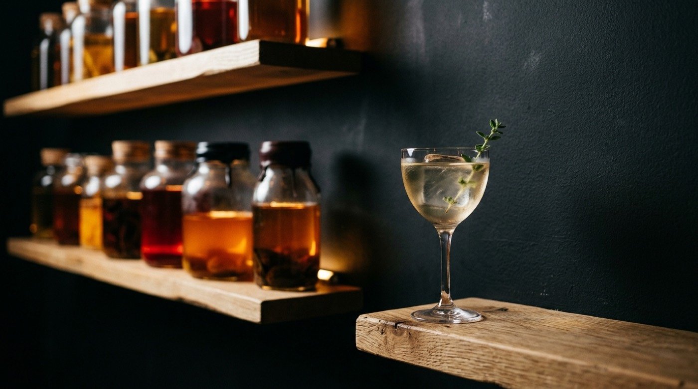Cóctel elaborado con un destilado limpio obtenido por destilación al vacío, servido en copa en STILLROOM, coctelería de autor en Madrid