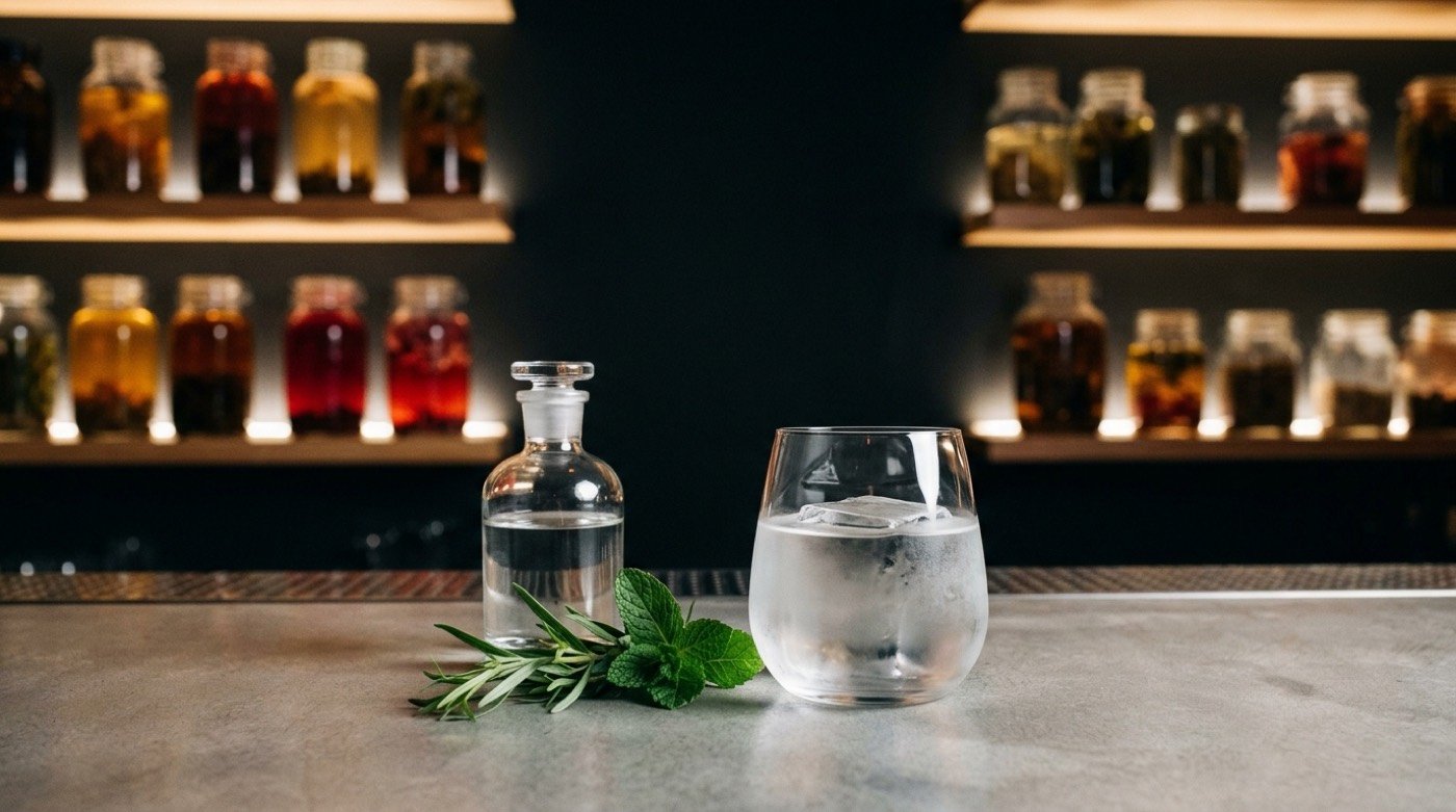 Destilado transparente obtenido por rotavapor en un frasco junto a un cóctel en la barra de microcemento de STILLROOM