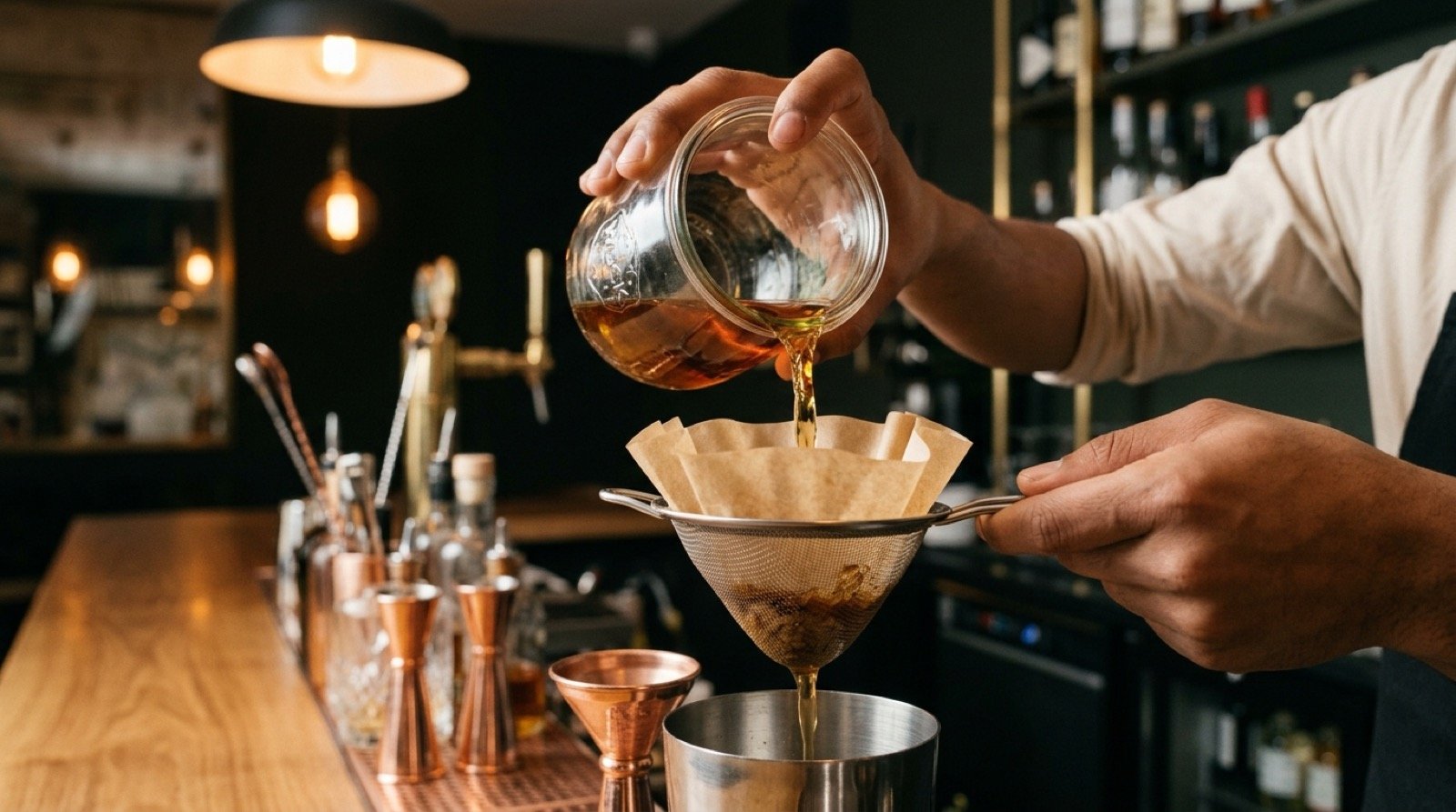 Filtración del bourbon fat-washed con mantequilla tostada en STILLROOM, separación de la capa grasa solidificada tras congelación