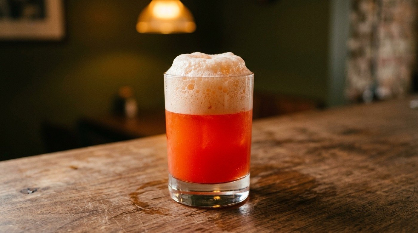 Garibaldi clásico recién servido en STILLROOM Madrid Jerónimos: Campari y zumo de naranja sanguina con espuma fluffy en vaso rocks