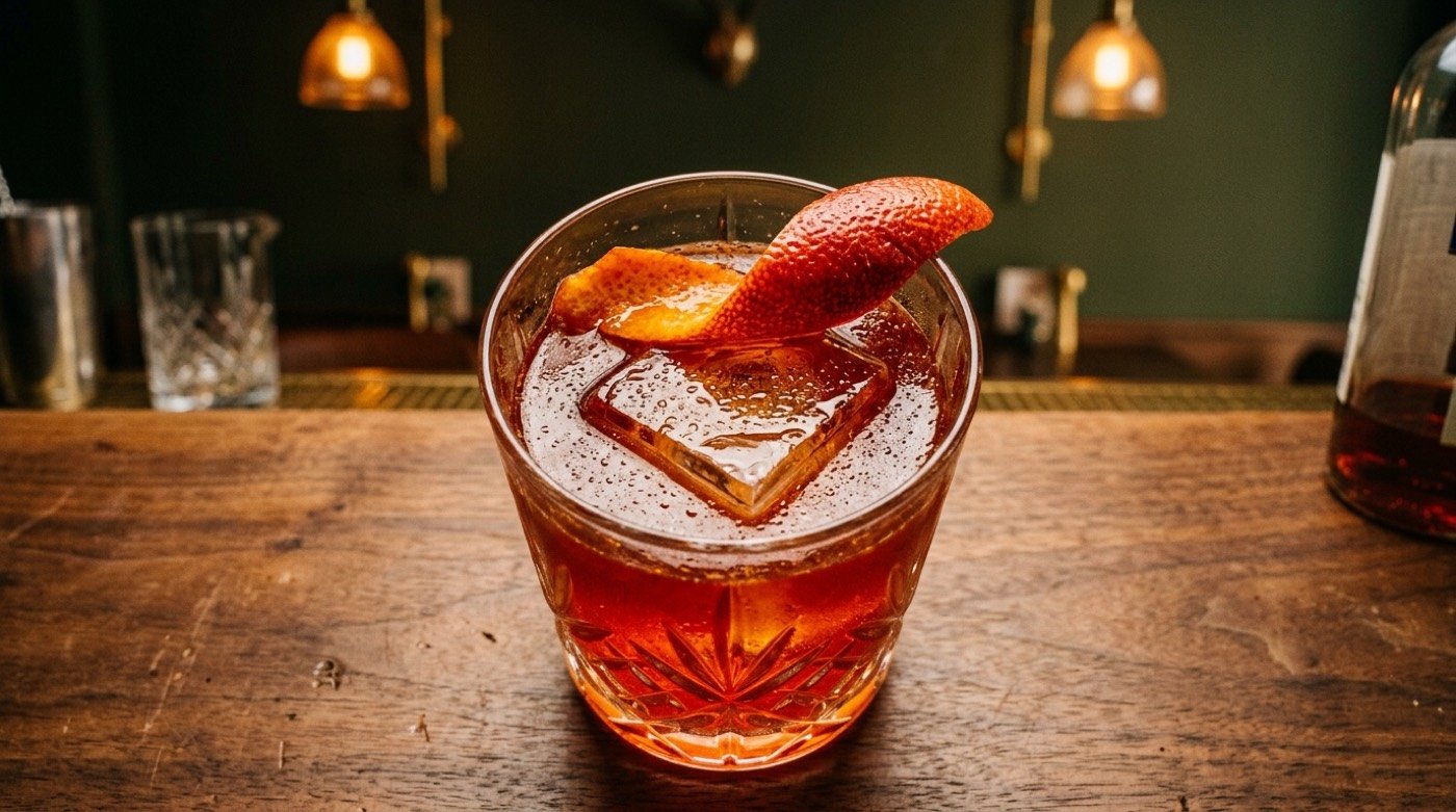 Garibaldi Fermentado STILLROOM servido con piel de naranja sangre sobre barra de nogal en speakeasy de Los Jerónimos Madrid