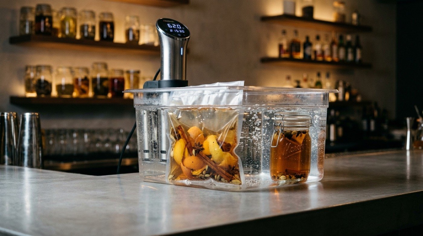 Bolsa al vacío con destilado, piel de cítrico y especias sumergida en un baño de agua a temperatura controlada durante una infusión sous-vide