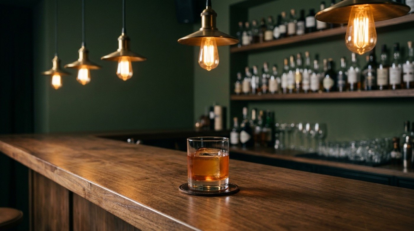 Interior speakeasy STILLROOM Madrid Calle Moreto 9: barra de nogal, cócteles signature y técnicas avanzadas de coctelería de autor