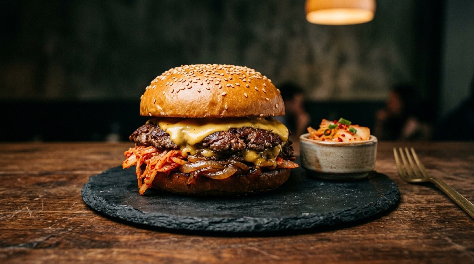 Kimchi Smash Burger STILLROOM Madrid Jerónimos: doble carne smash 160g, queso americano fundido, kimchi fermentado en casa y cebolla caramelizada en pan brioche
