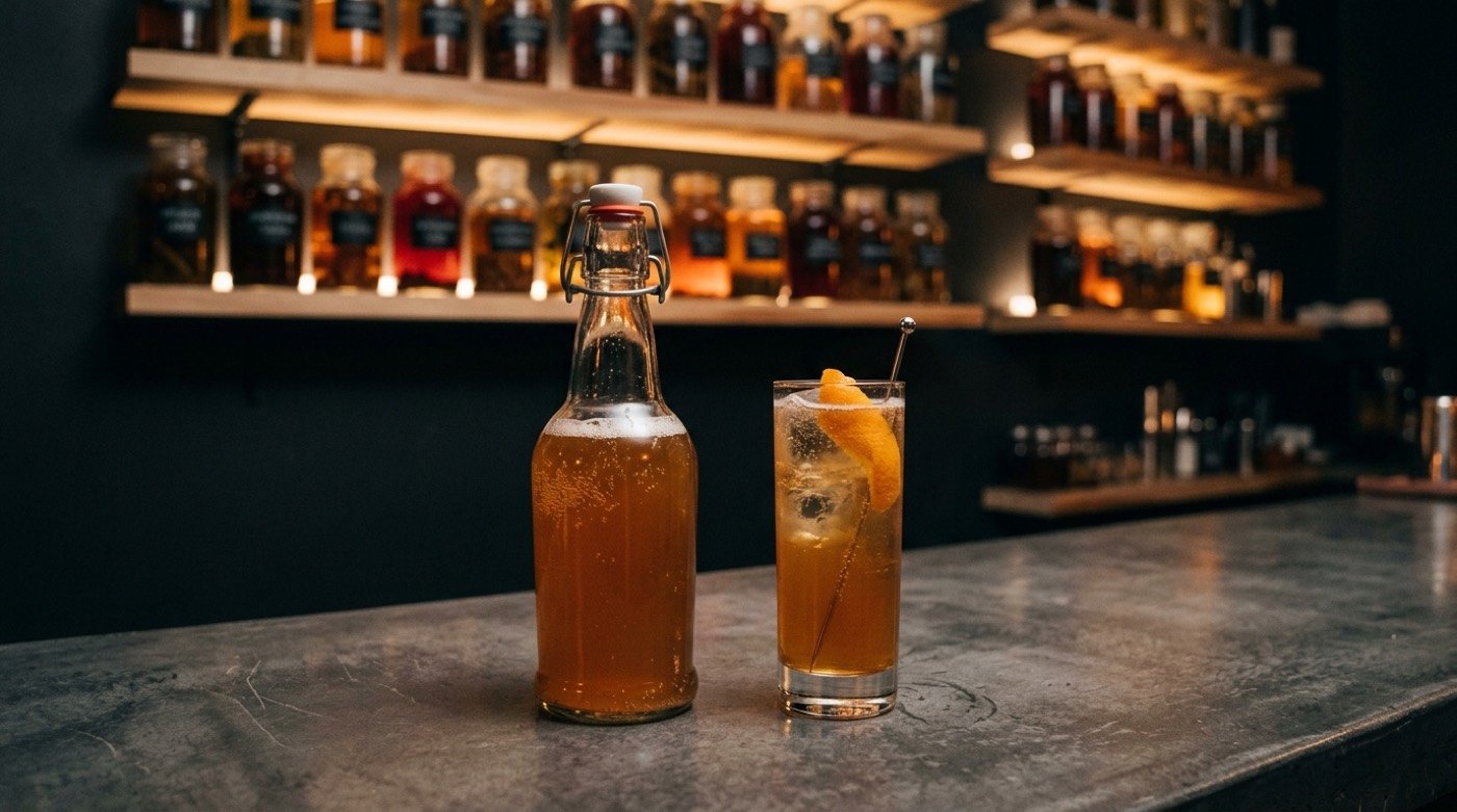 Botella de kombucha casera junto a un cóctel efervescente en la barra de microcemento de STILLROOM