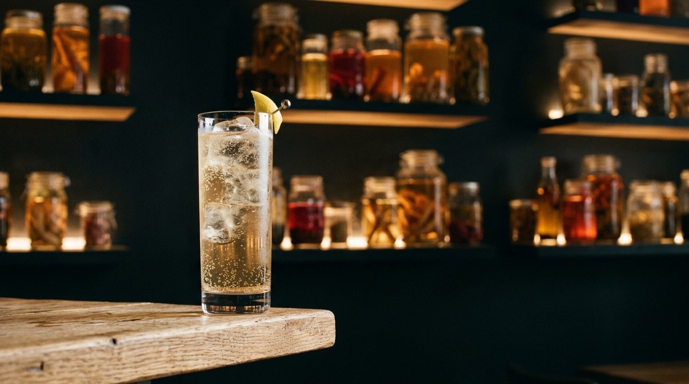 Cóctel efervescente elaborado con kombucha servido en copa alta en STILLROOM, coctelería de autor en Madrid