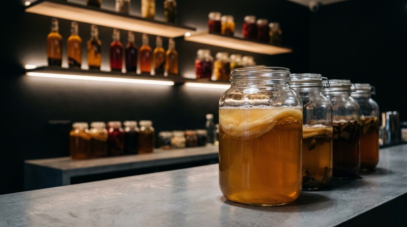 Kombucha fermentando en un tarro de cristal con SCOBY sobre té dorado en la barra-laboratorio de STILLROOM