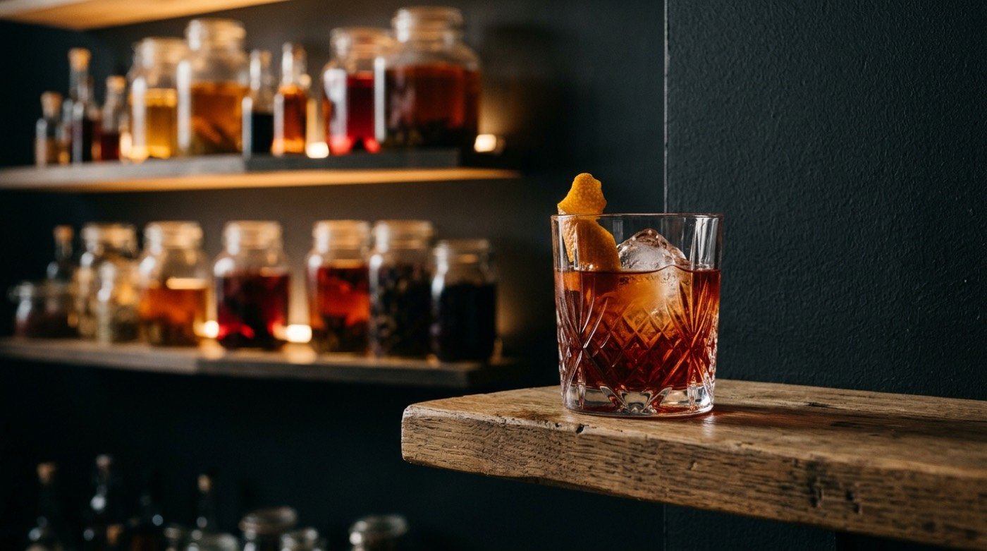 Cóctel elaborado con un destilado macerado con frutas y especias, servido en copa en STILLROOM, coctelería de autor en Madrid